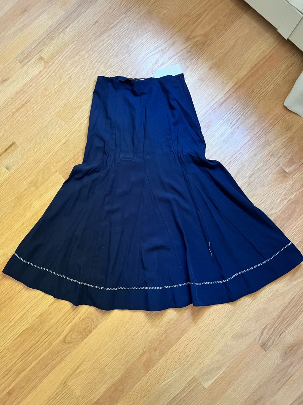 Zara Navy Midi Flared Skirt with Hem Stitch Detail